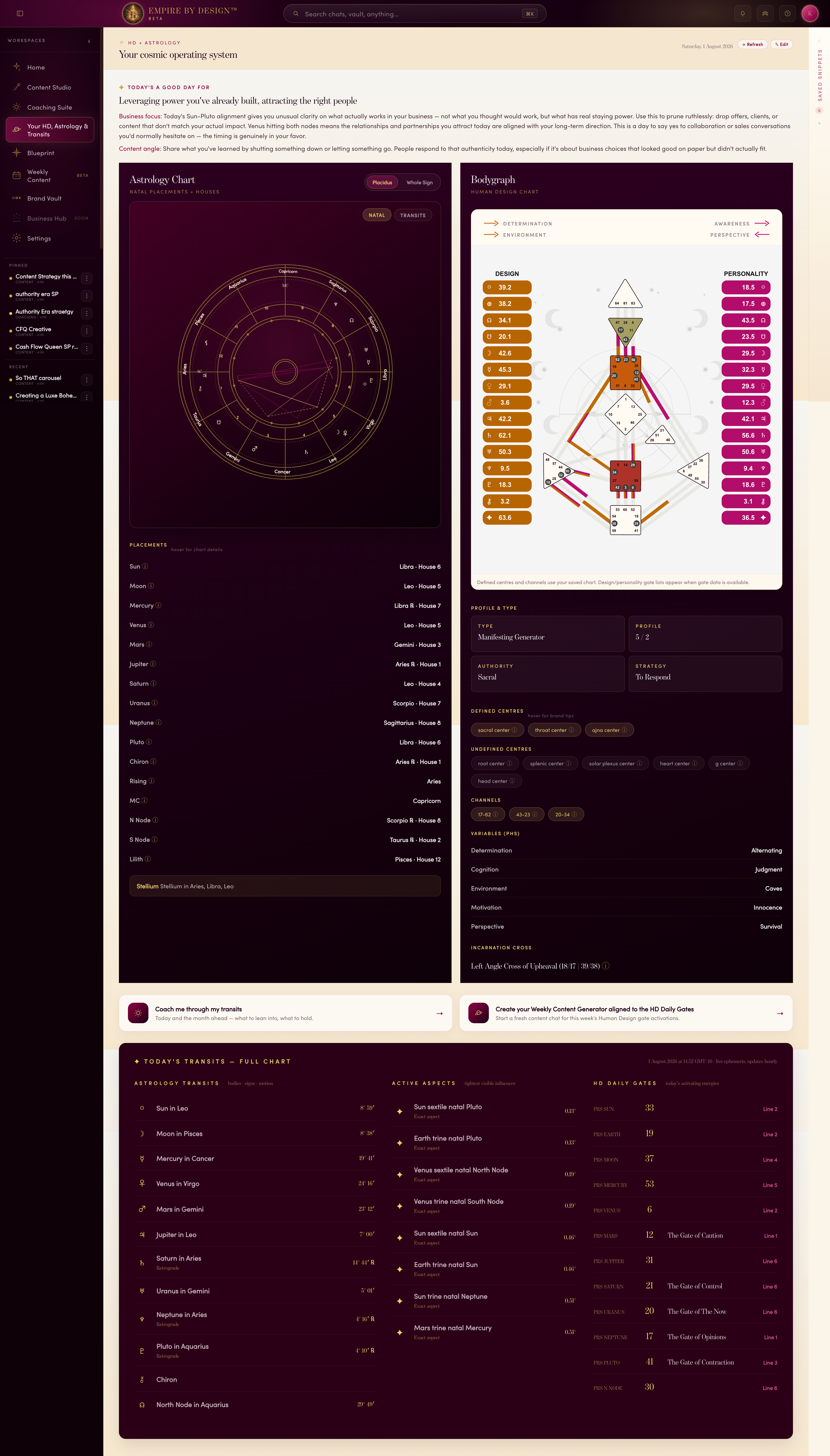 Your live Design Dashboard — chart, transits, active aspects and daily gates